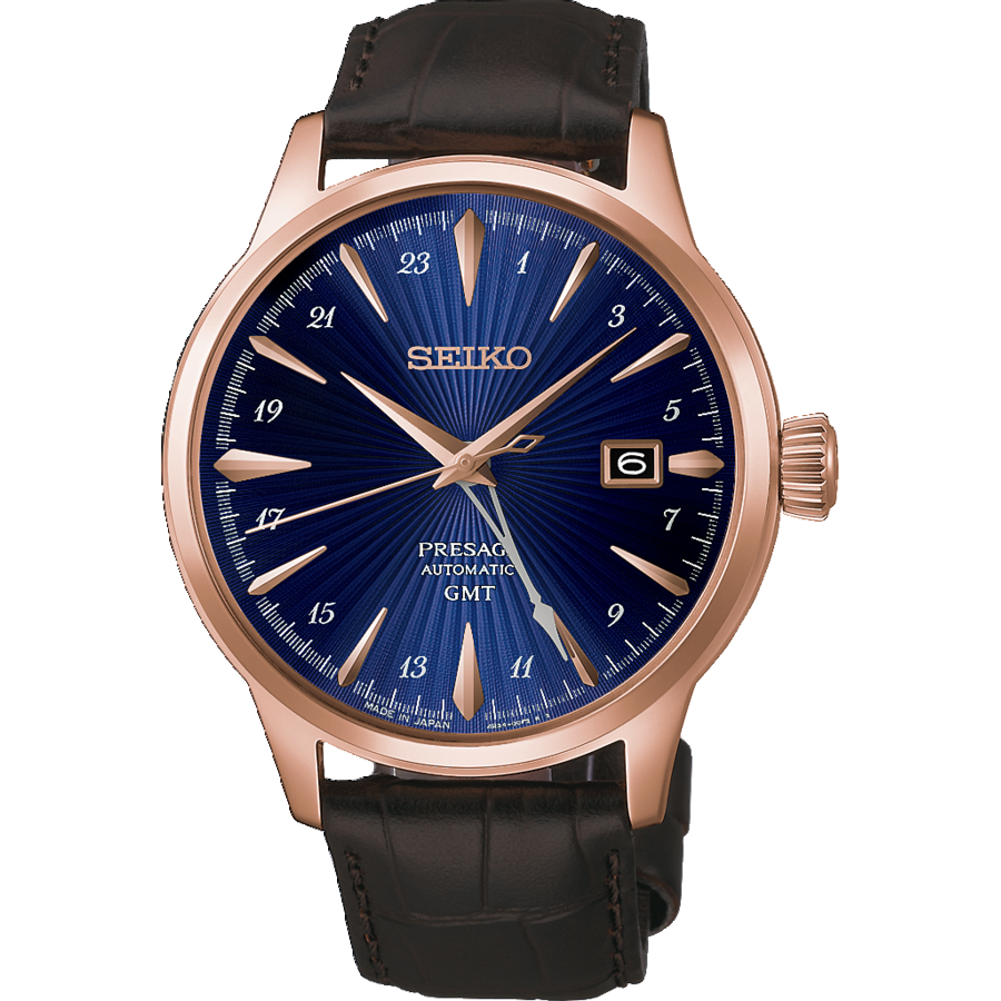 Seiko PRESAGE HCB005J1 zegarek męski Niebieski • mechanizm automatyczny z GMT • koperta w kolorze różowego złota