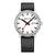 Zegarek męski z czarnym paskiem, białą tarczą, czerwonymi wskazówkami i datownikiem.
