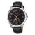 Zegarek męski Casio z ciemną tarczą, czarnym skórzanym paskiem i fazami księżyca