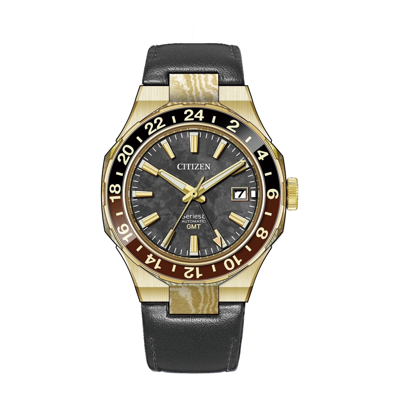Armbanduhr: schwarzes Zifferblatt, goldfarbene Zeiger, rundes Gehäuse, schwarzes Lederband.