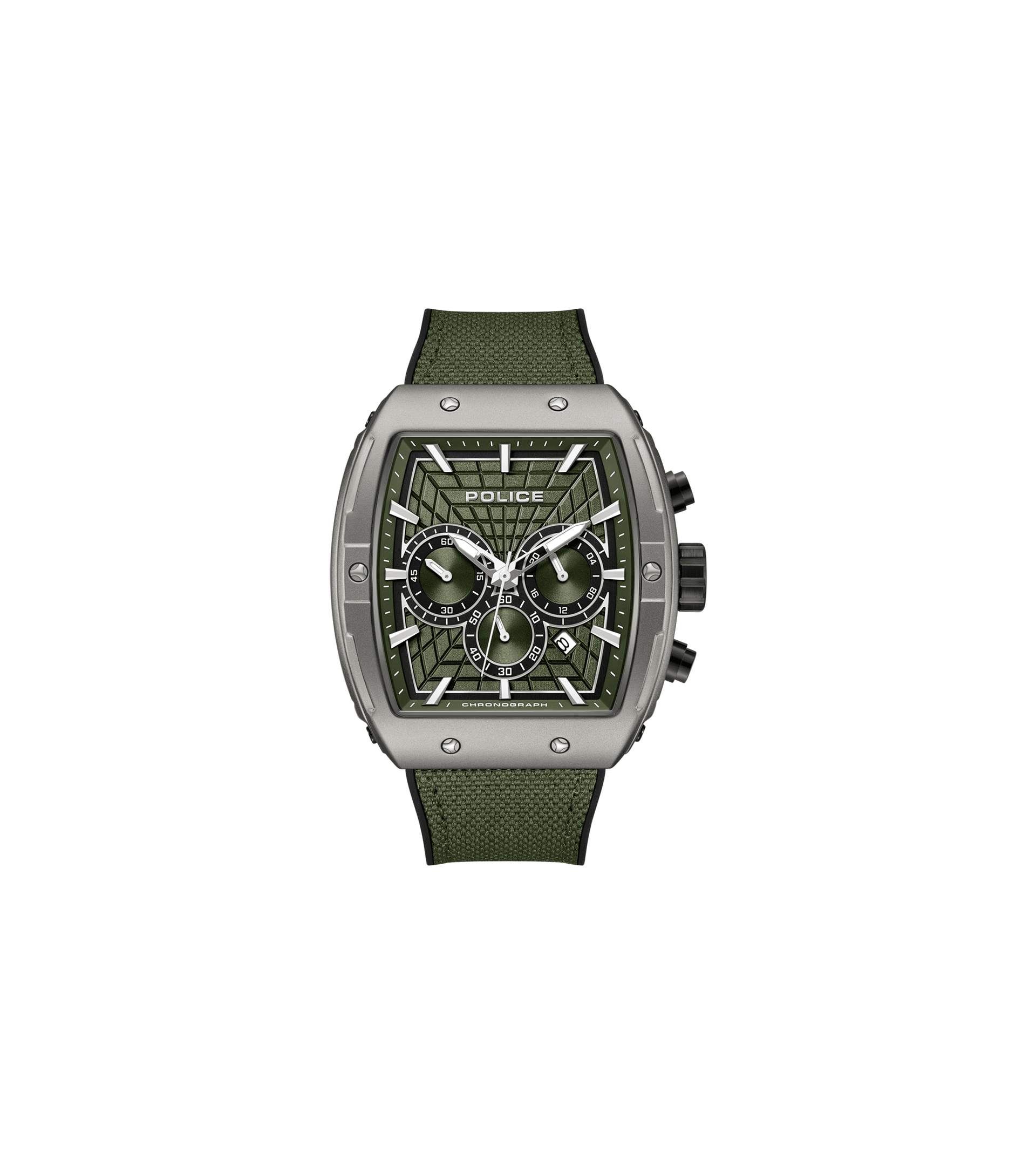 Męski zegarek kwarcowy typu chronograf z zieloną tarczą, tekstylnym paskiem i szkłem mineralnym