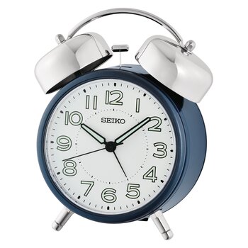 Seiko Wecker mit blauem Zifferblatt, weißen Glocken und schwarzen Zeigern