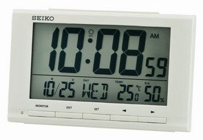 Seiko QHL090W Zegar Biały • Wyświetlacz LCD • Termometr i Higrometr