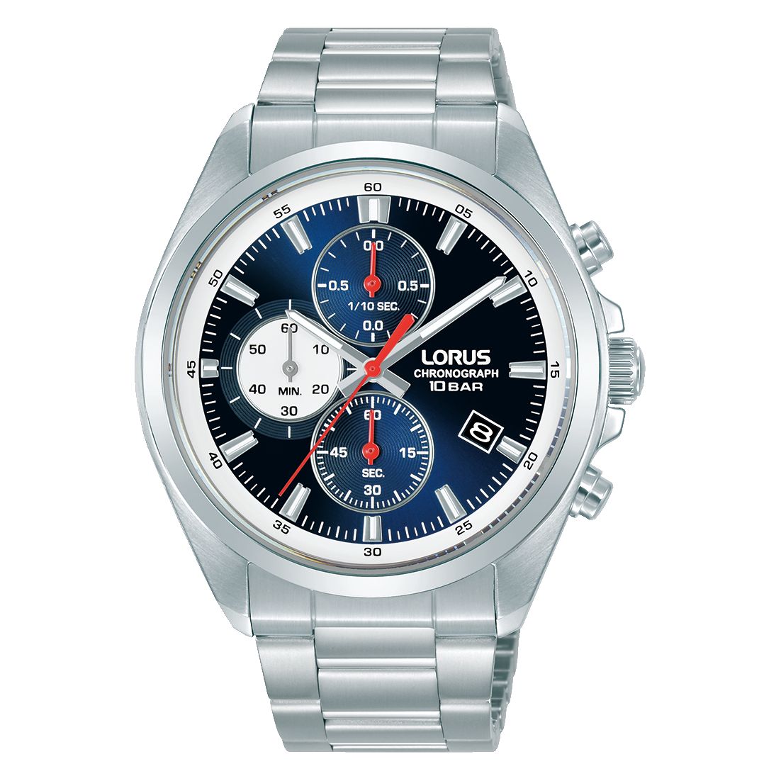 Zegarek męski Lorus Sport: srebrna bransoleta ze stali szlachetnej, niebieska tarcza chronografu