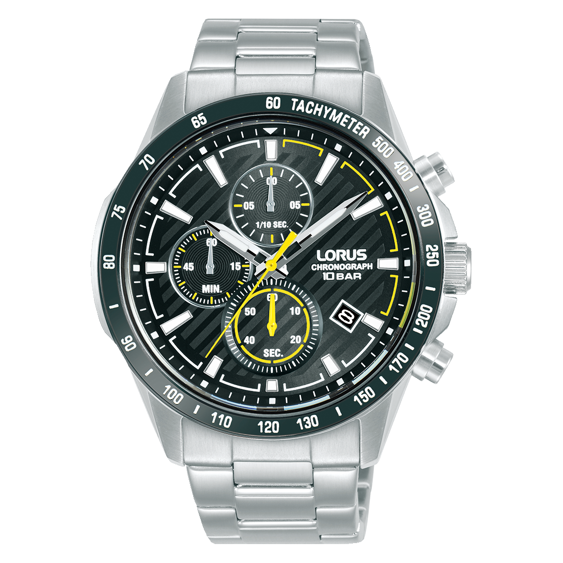 Zegarek męski Lorus Sports z chronografem, czarną tarczą, tachymetrem i bransoletą ze stali szlachetnej