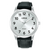 Herrenarmbanduhr mit silberfarbenem Gehäuse, schwarzem Lederband und weißem Zifferblatt