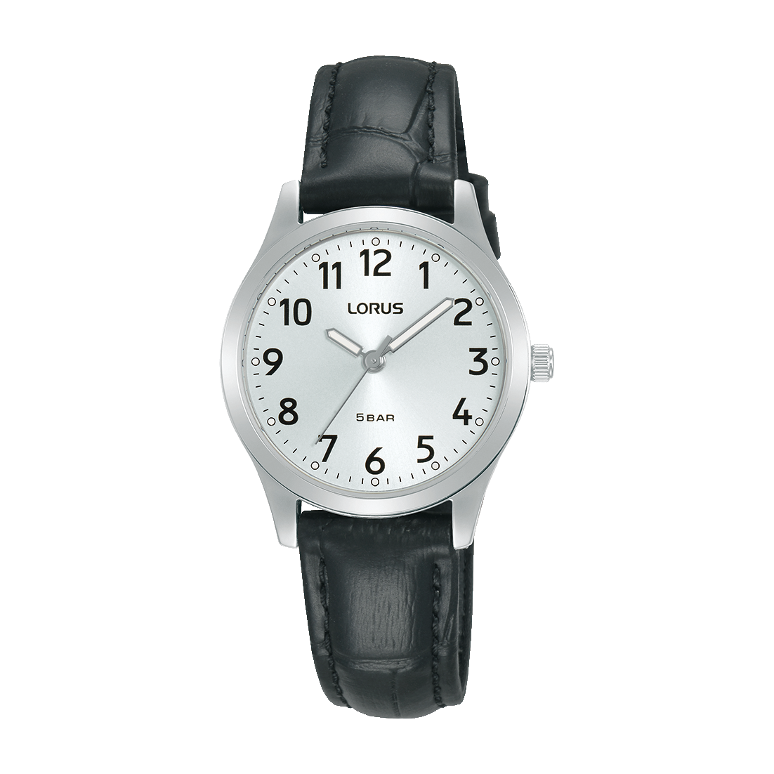 Lorus Classic Damen-Armbanduhr: schwarzes Lederarmband, silbernes Zifferblatt, Quarz