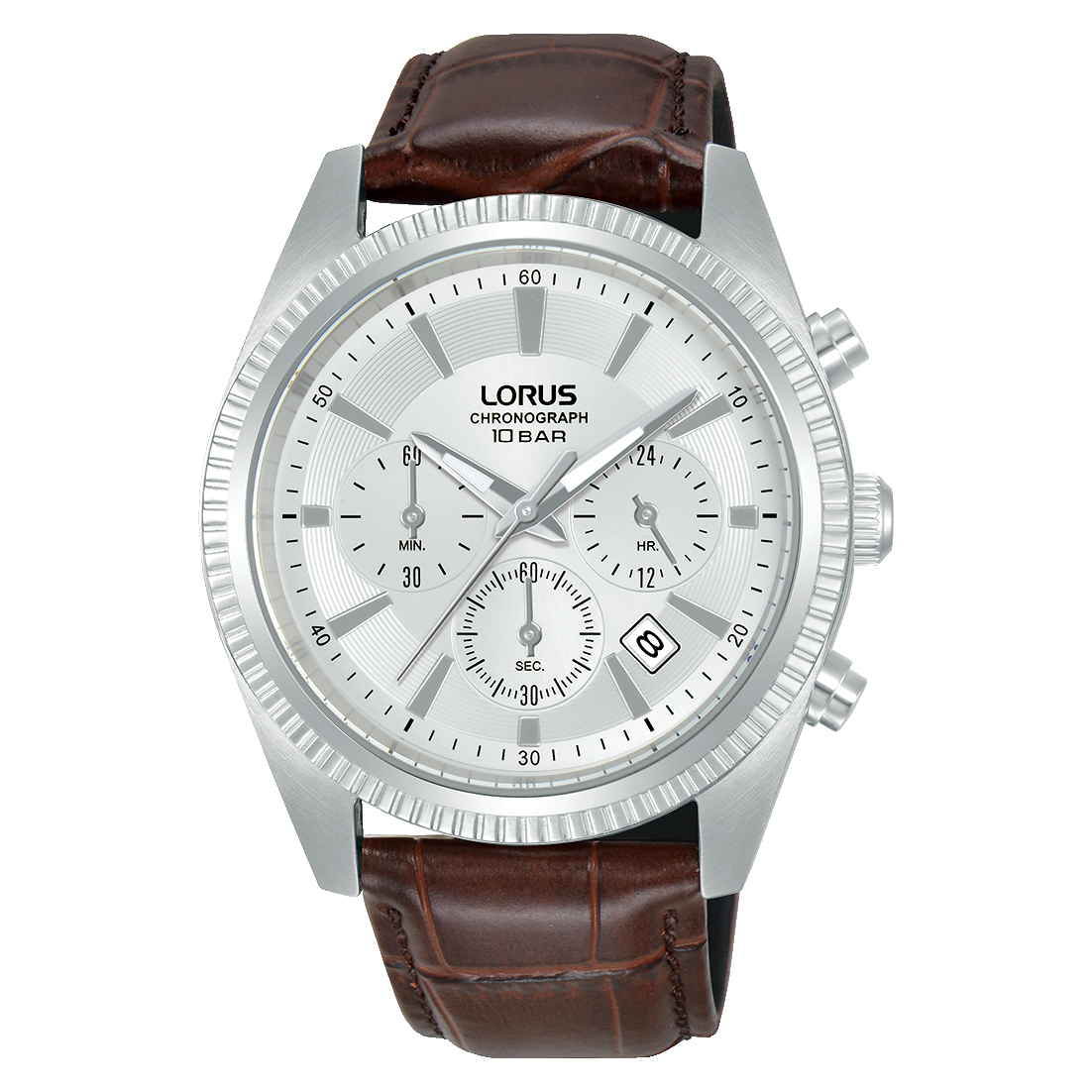 Chronograf Lorus: zegarek męski z białą tarczą i brązowym skórzanym paskiem