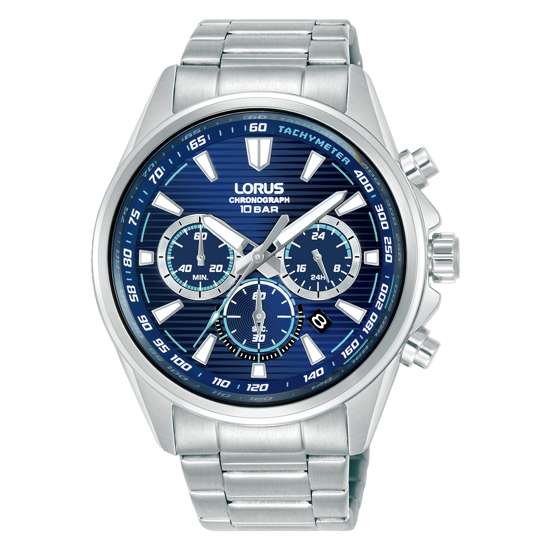 Zegarek męski Lorus Sport: niebieska tarcza chronografu, bransoleta ze stali szlachetnej