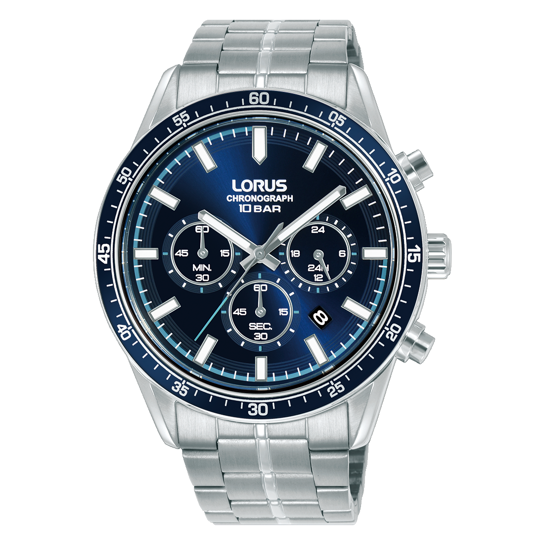 Chronograf męski Lorus Sport: niebieska tarcza, bransoleta ze stali szlachetnej