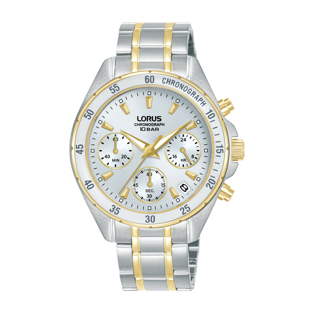 Damski zegarek Lorus z chronografem, biała tarcza, stal szlachetna ze złotymi detalami