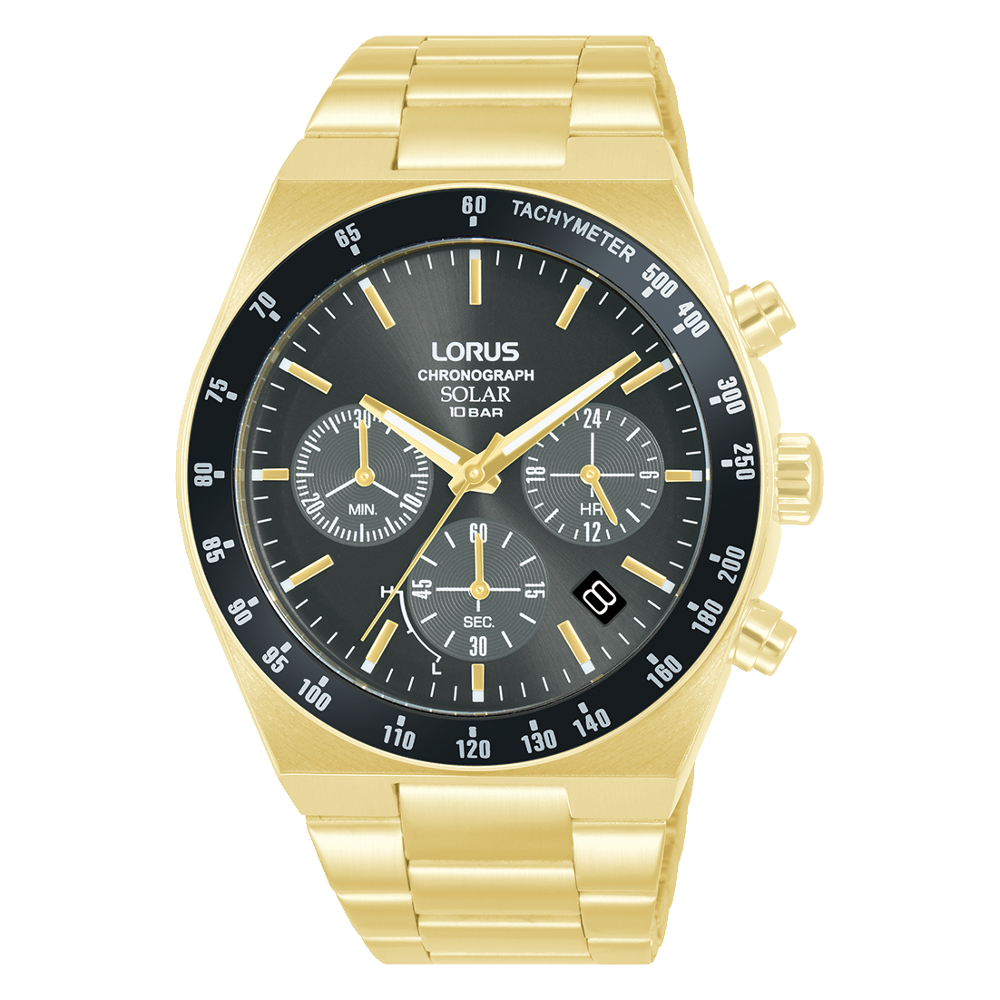 Męski zegarek Lorus Sport z chronografem, w kolorze złotym, z czarną tarczą i tachymetrem
