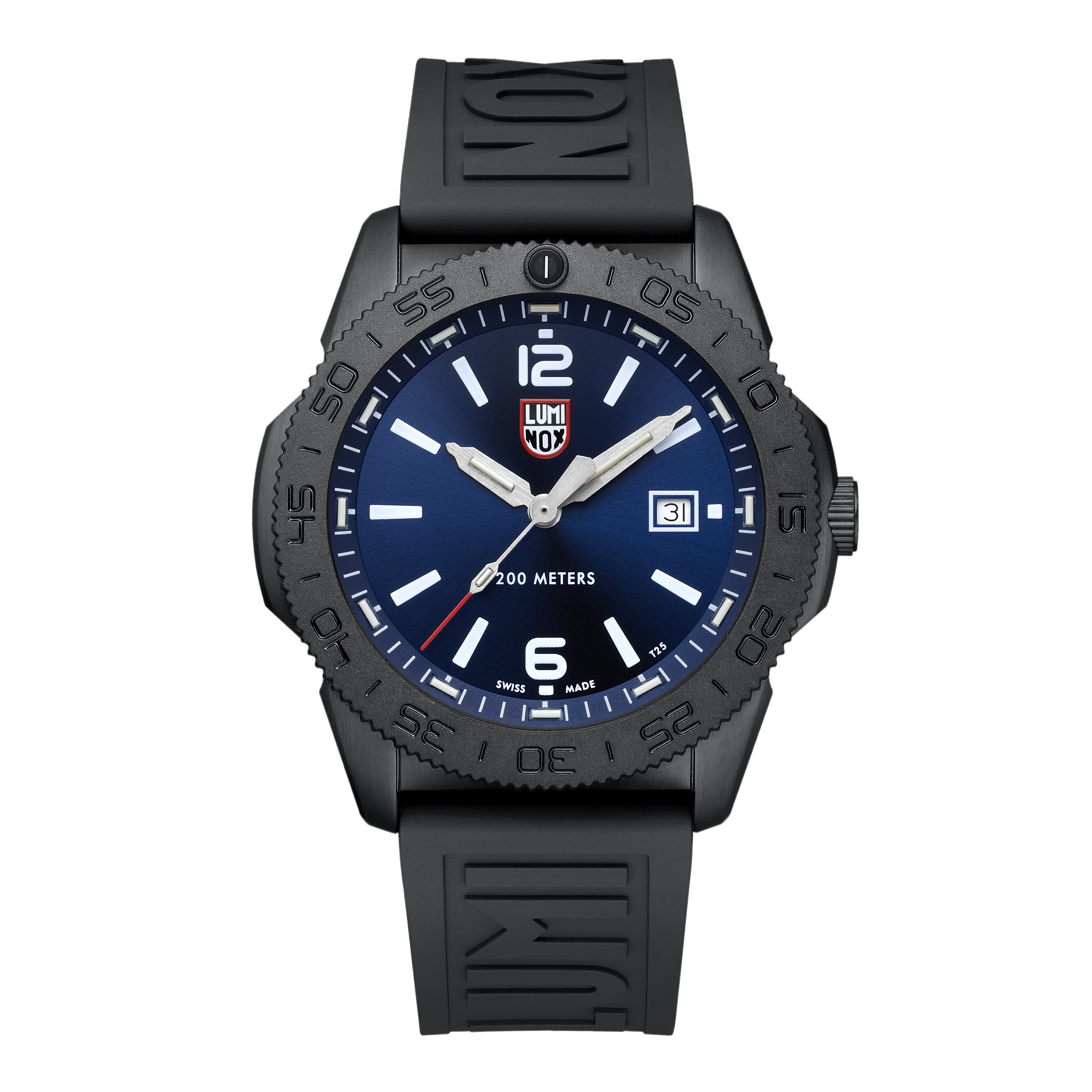 Czarny zegarek męski z niebieską tarczą, logo Luminox i czarnym silikonowym paskiem