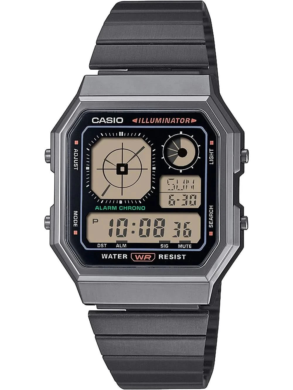 Zegarek Casio Vintage z ośmiokątną kopertą w kolorze gunmetal, czarną metalową bransoletą i wyświetlaczem cyfrowym.