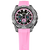 Męski zegarek chronograf z przodu, z różowym paskiem i wielokolorową tarczą.