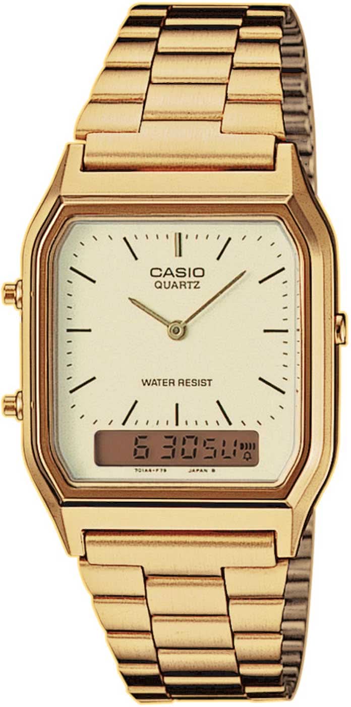 Zegarek Casio Vintage z bransoletą w kolorze złota, z wyświetlaczem analogowo-cyfrowym.