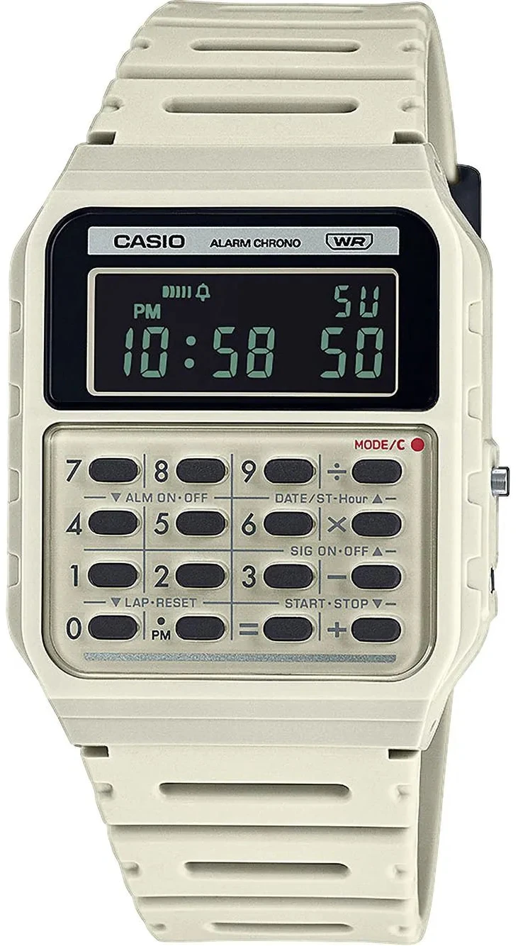 Zegarek cyfrowy Casio Vintage z beżowym paskiem z tworzywa sztucznego, wyświetlaczem LCD i przyciskami