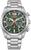 Męski zegarek na rękę z zieloną tarczą, metalową bransoletą i wyglądem chronografu