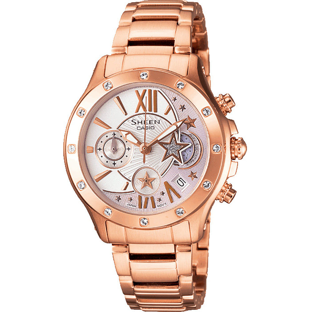 Damski zegarek Casio Sheen Chronograph z bransoletą ze stali szlachetnej w kolorze różowego złota, szafirowym szkłem i detalami w kształcie gwiazdek