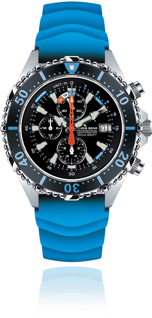 Chris Benz DEPTHMETER Chronograph 300M CB-C300X-LB-KBB Montre pour homme • Mouvement à quartz précis • Verre saphir