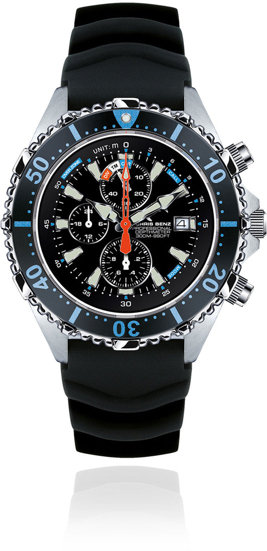 Montre pour homme Chris Benz DEPTHMETER Chronograph 300M CB-C300X-LB-KBS • Shark-Proof (résistante aux requins) • Verre saphir & Profondimètre