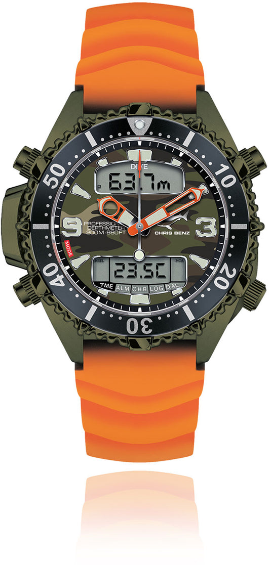 Chris Benz DEPTHMETER Digital 200M CB-D200X-C-KBO Men's Watch • Digital Depth Gauge • Sapphire Crystal