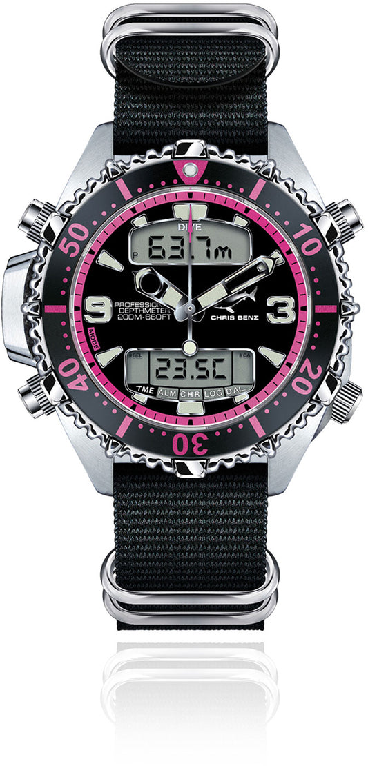 Montre pour femme Chris Benz DEPTHMETER DIGITAL 200M CB-D200X-P-NBS • Testée contre les requins • Verre saphir