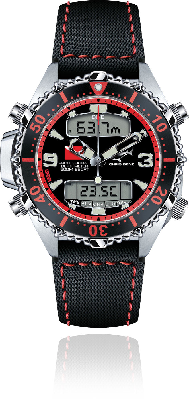 Chris Benz DEPTHMETER DIGITAL 200M CB-D200X-R-SBR Montre pour Hommes • Éprouvée face aux requins • Verre saphir