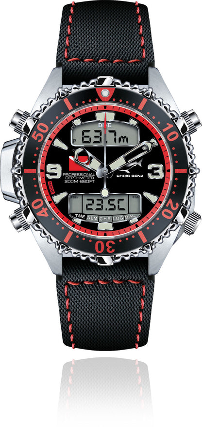 Chris Benz DEPTHMETER DIGITAL 200M CB-D200X-R-SBR Montre pour Hommes • Éprouvée face aux requins • Verre saphir
