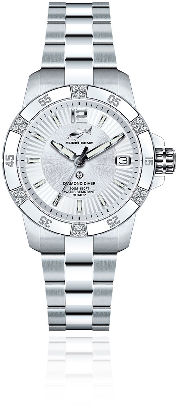 Montre pour femme Chris Benz Diamond Diver Silver Bay CB-DD200-S-MBO • Shark-Proof • Verre saphir