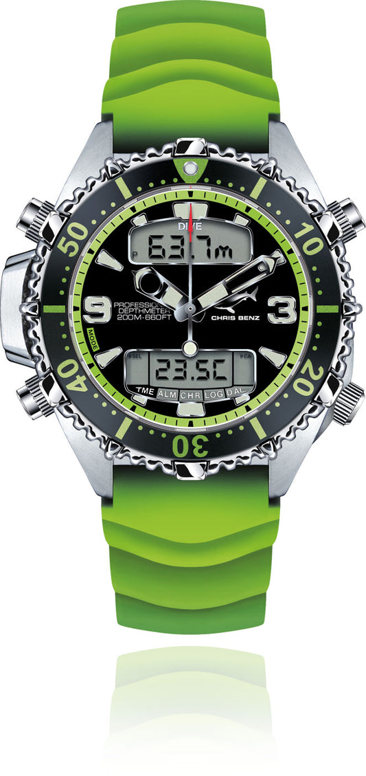 Chris Benz DEPTHMETER DIGITAL 200M CB-D200X-G-KBG Men's Watch • Shark-Proof & 200m Water Resistant • Digital Depth Gauge & Sapphire Crystal