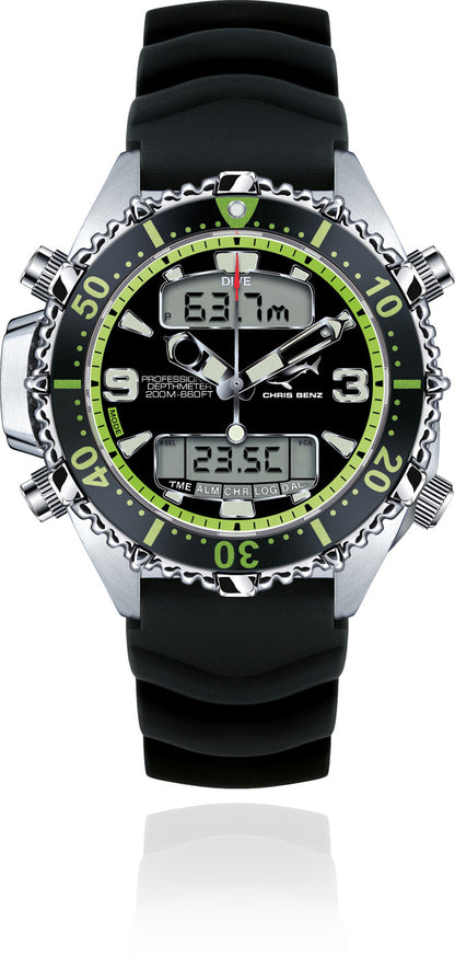Chris Benz DEPTHMETER DIGITAL 200M CB-D200X-G-KBS Montre Homme • Quartz • Verre saphir • Profondimètre