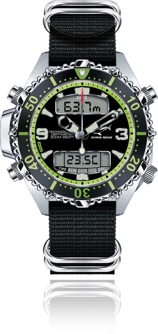 Chris Benz DEPTHMETER DIGITAL 200M CB-D200X-G-NBS Watch • Shark Proof • Sapphire Crystal