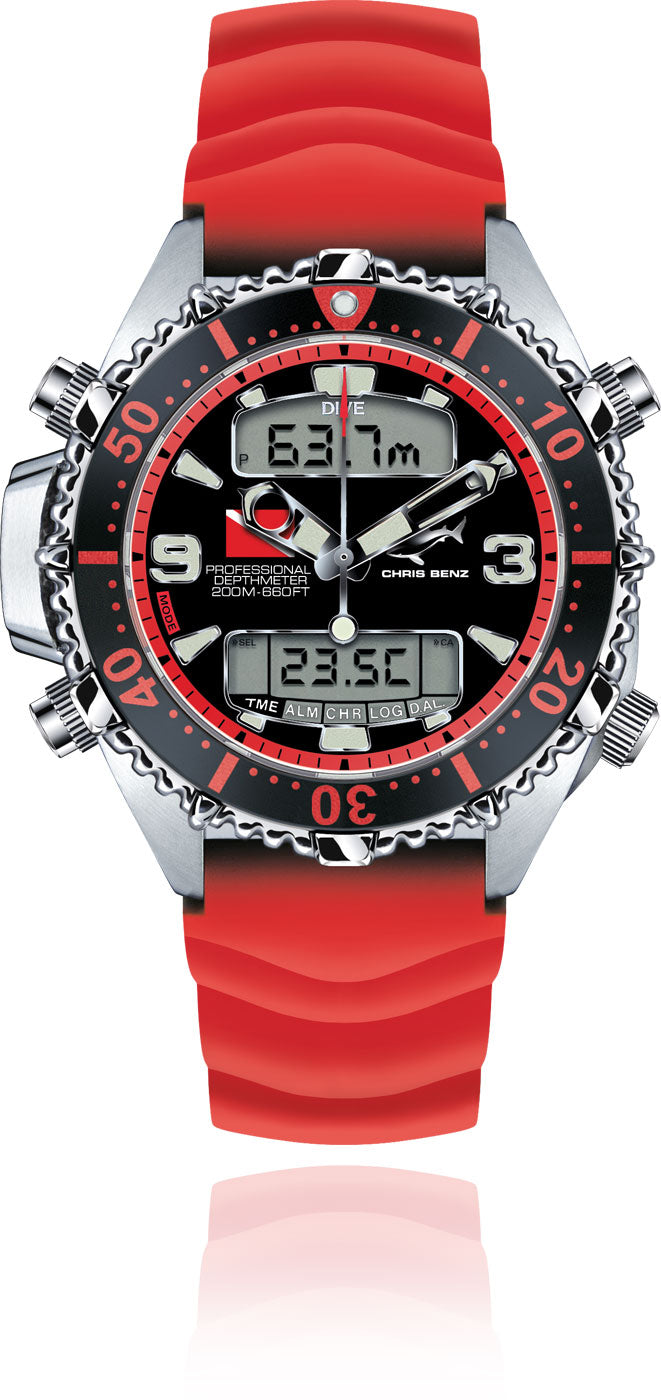 Montre pour homme CHRIS BENZ DEPTHMETER DIGITAL 200M CB-D200X-R-KBR • Shark-Proof • Verre saphir