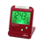 Budzik radiowy z kalendarzem i wyświetlaczem temperatury, czerwona obudowa, zielony wyświetlacz LCD z godziną i datą