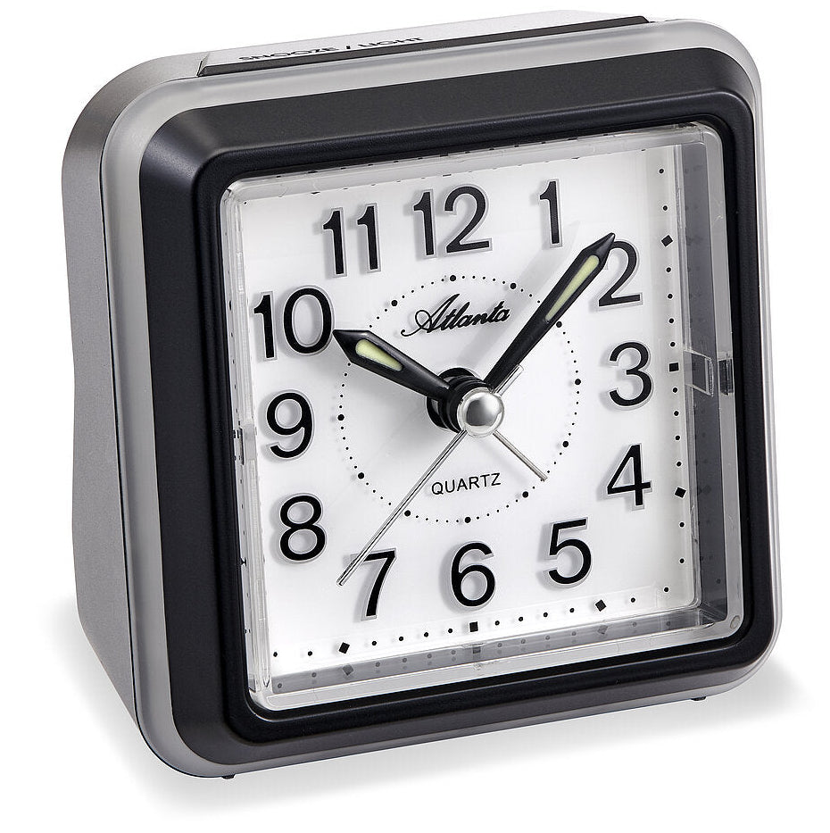 Atlanta Alarm Clock Modern 8x8cm Plastic • Silent Sweep Second Hand • Blue Backlight