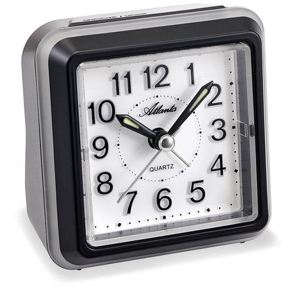 Atlanta Alarm Clock Modern 8x8cm Plastic • Silent Sweep Second Hand • Blue Backlight