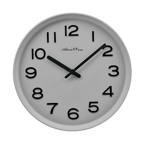 Runde Wanduhr mit grauem Ziffernblatt, schwarzen Zahlen und schwarzen Zeigern, geschwungener Rahmen