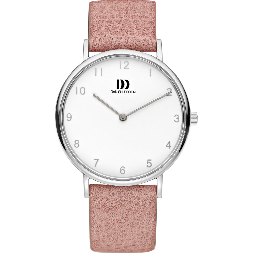 Zegarek damski Danish Design z okrągłą białą tarczą, srebrną kopertą i różowym skórzanym paskiem