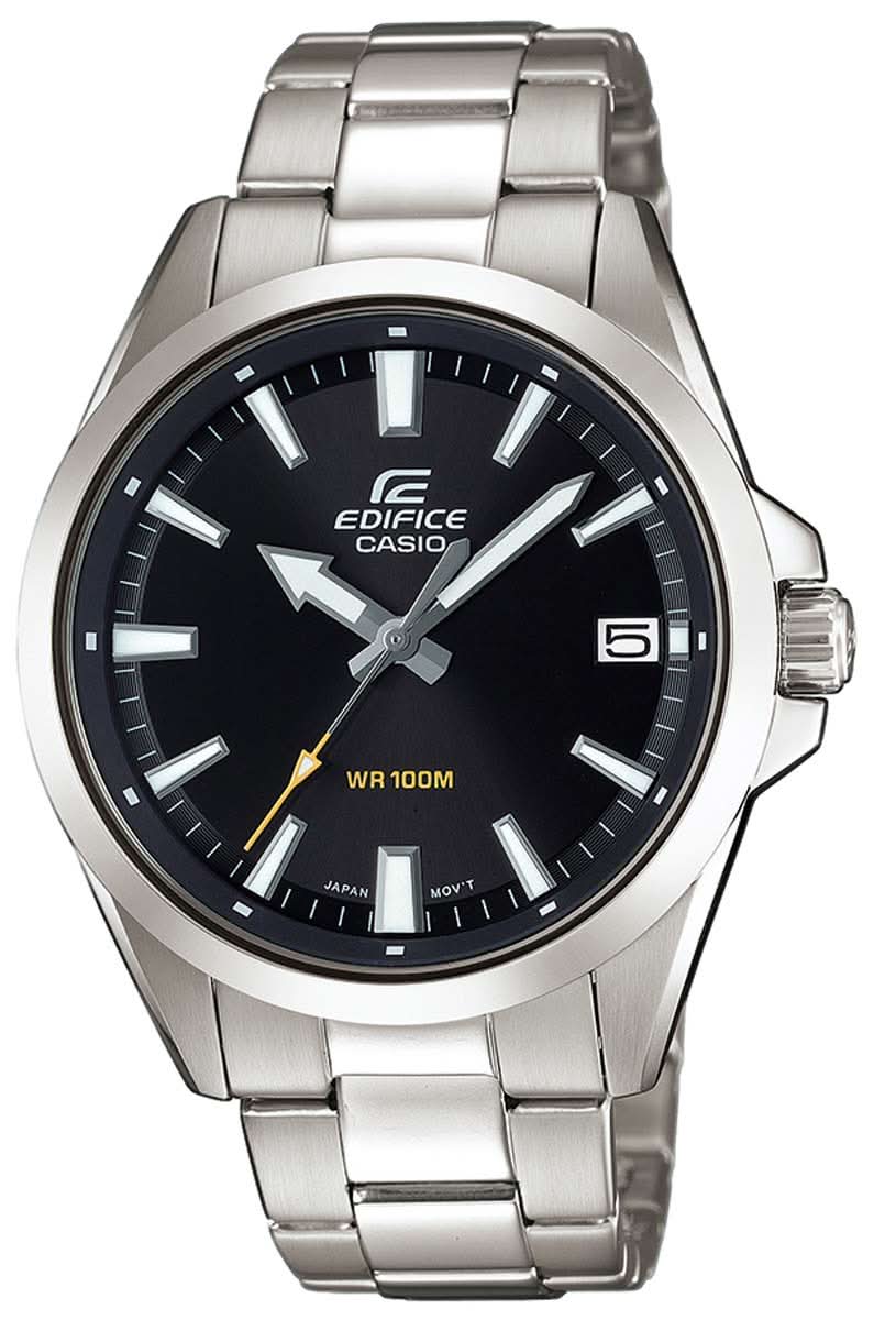 Zegarek męski Casio Edifice ze srebrną bransoletą ze stali szlachetnej i ciemną tarczą, WR100M