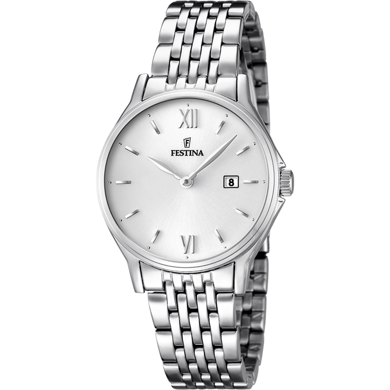 Zegarek damski Festina z białą tarczą i srebrną metalową bransoletą, szkło mineralne
