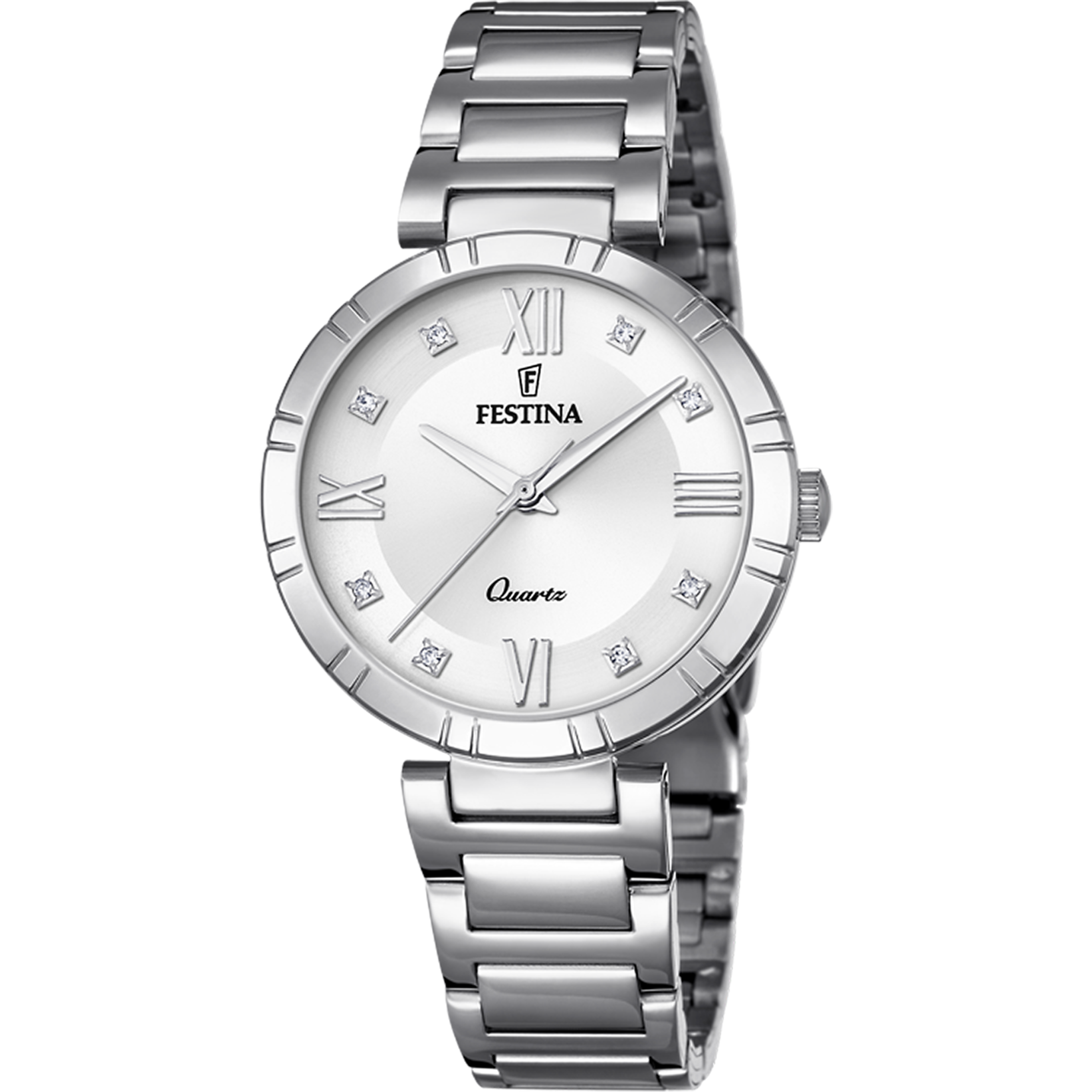 Zegarek damski Festina Mademoiselle: srebrna metalowa bransoleta, okrągła biała tarcza z rzymskimi cyframi