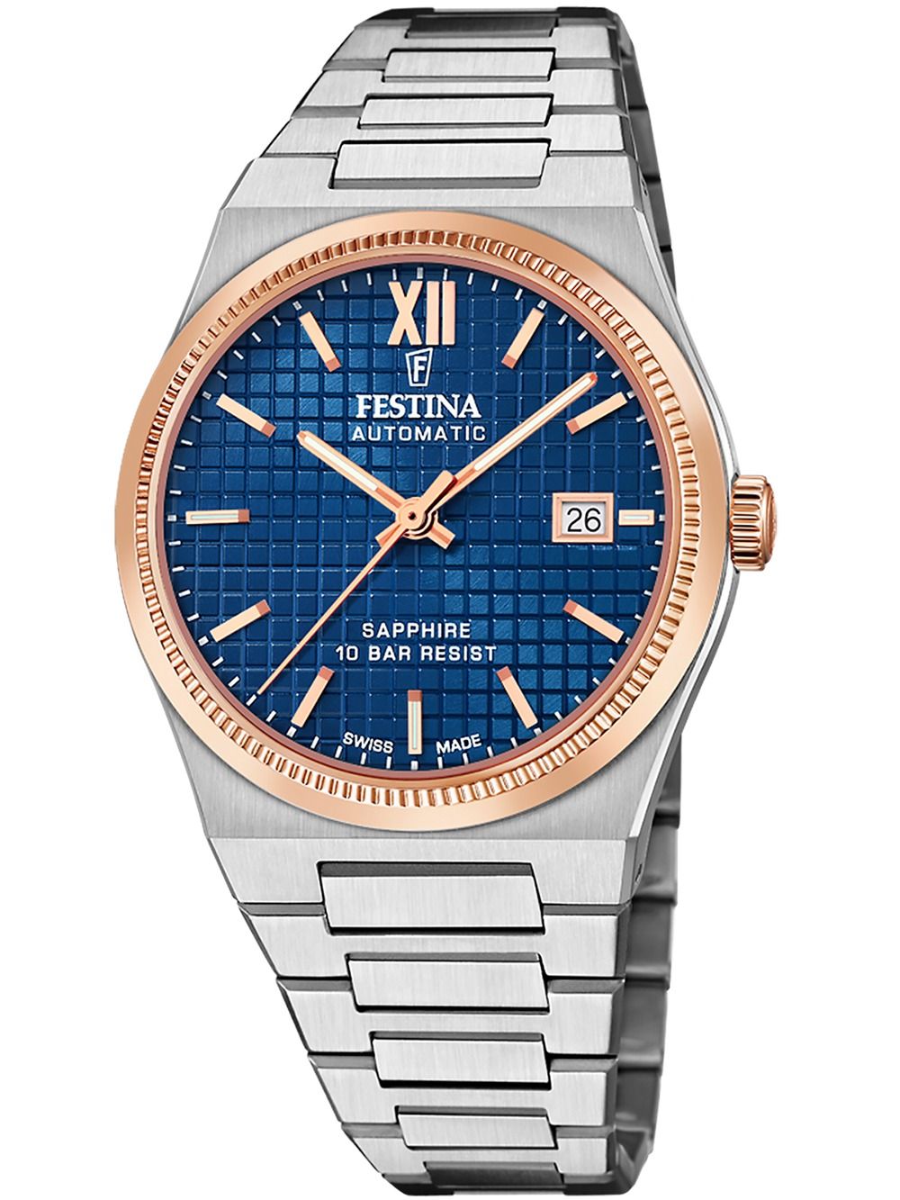Zegarek męski Festina z niebieską tarczą, złotą lunetą i metalową bransoletą
