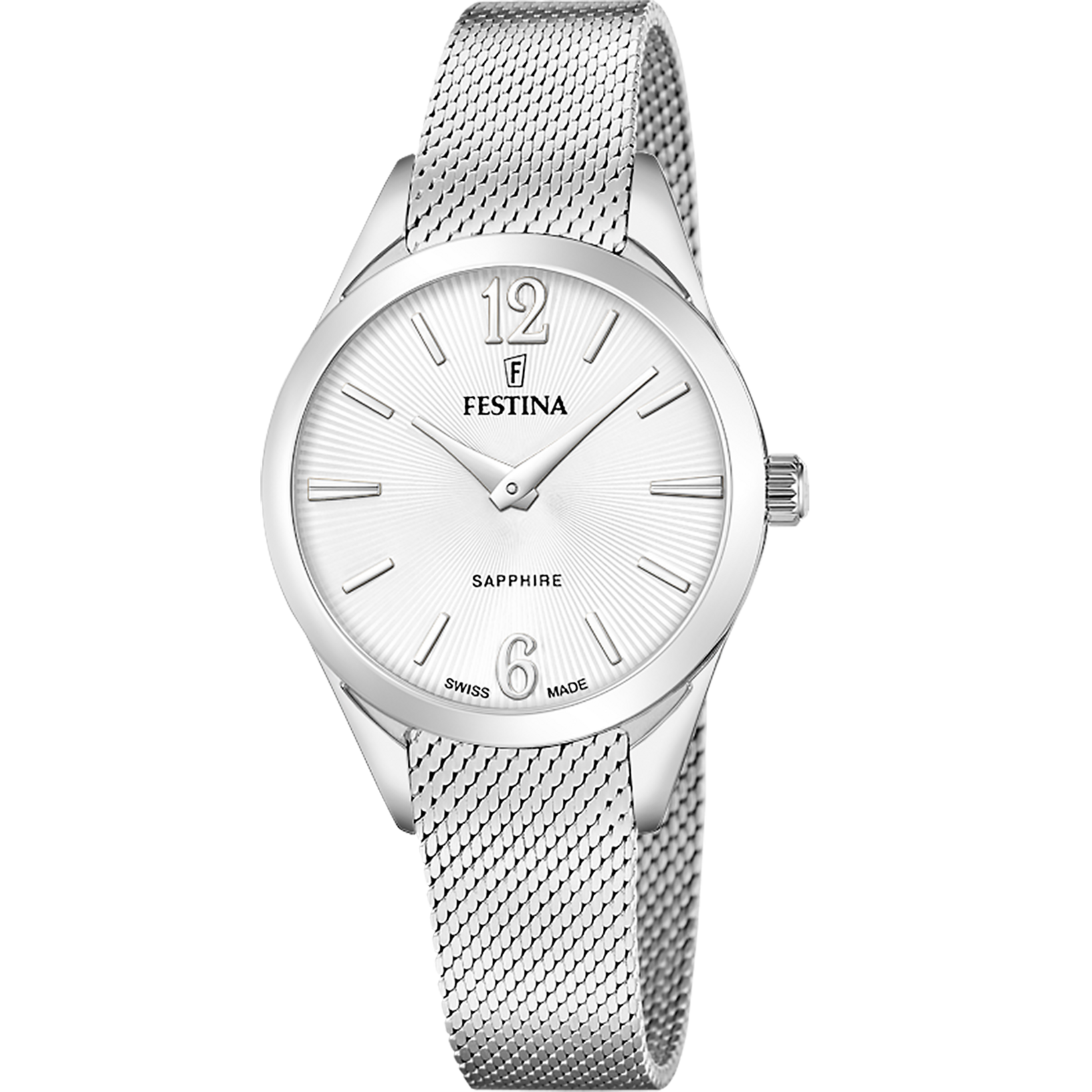 Zegarek damski Festina z srebrną bransoletą typu mesh, srebrną tarczą i szafirowym szkłem