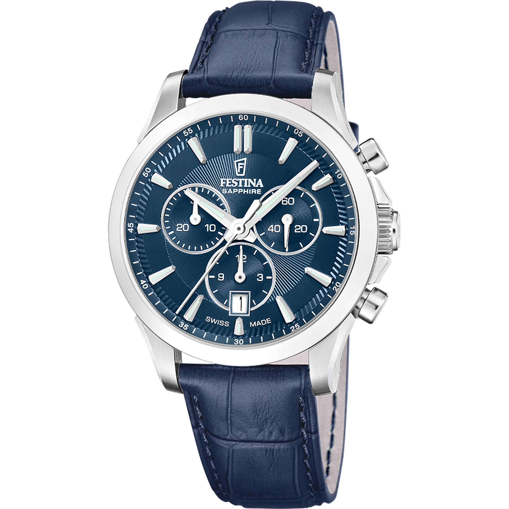 Zegarek męski Festina Chronograph: niebieska tarcza, szafirowe szkiełko, ciemnoniebieski pasek skórzany