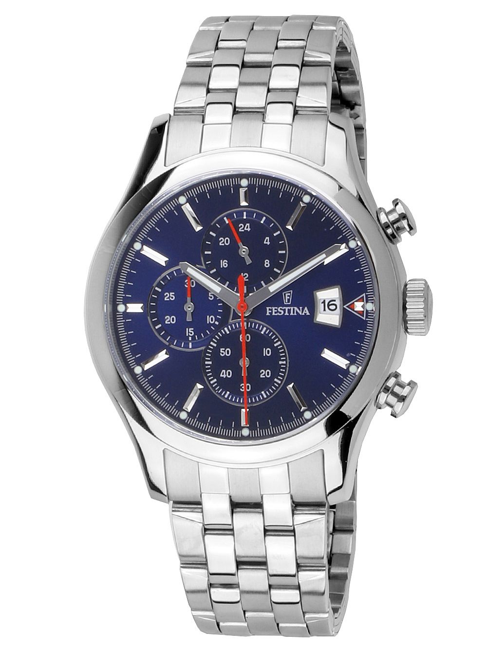Męski zegarek Festina typu chronograf z niebieską tarczą, stalową bransoletą i przyciskami chronografu