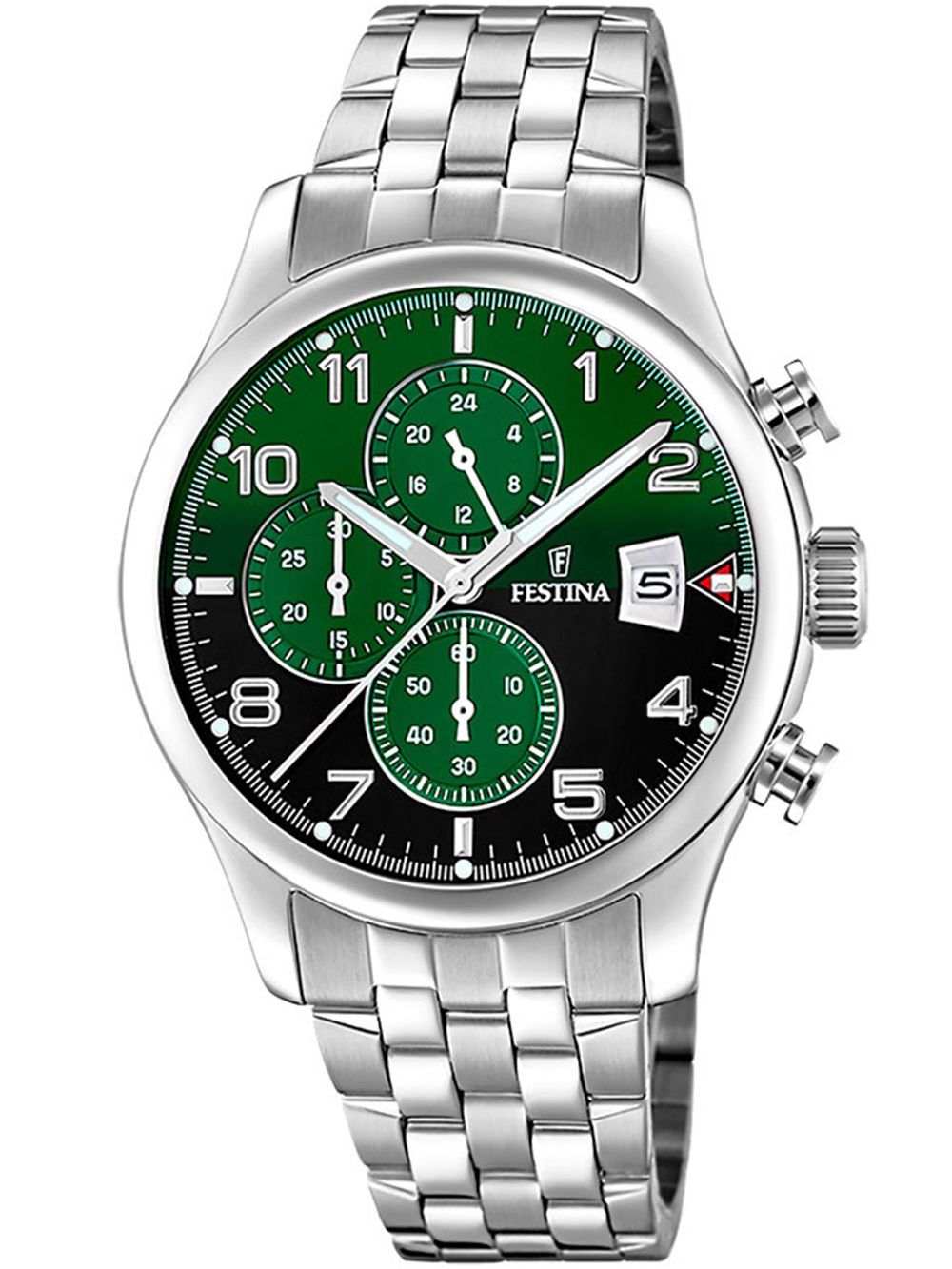 Zegarek męski Festina Chronograph, zielono-czarna tarcza, bransoleta ze stali szlachetnej