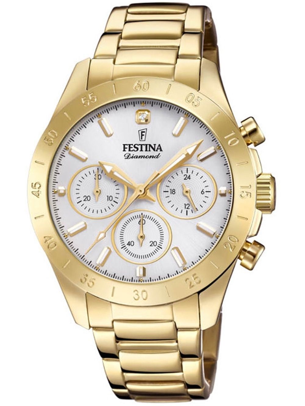 Zegarek damski Festina z chronografem, złotą bransoletą ogniwową i białą tarczą