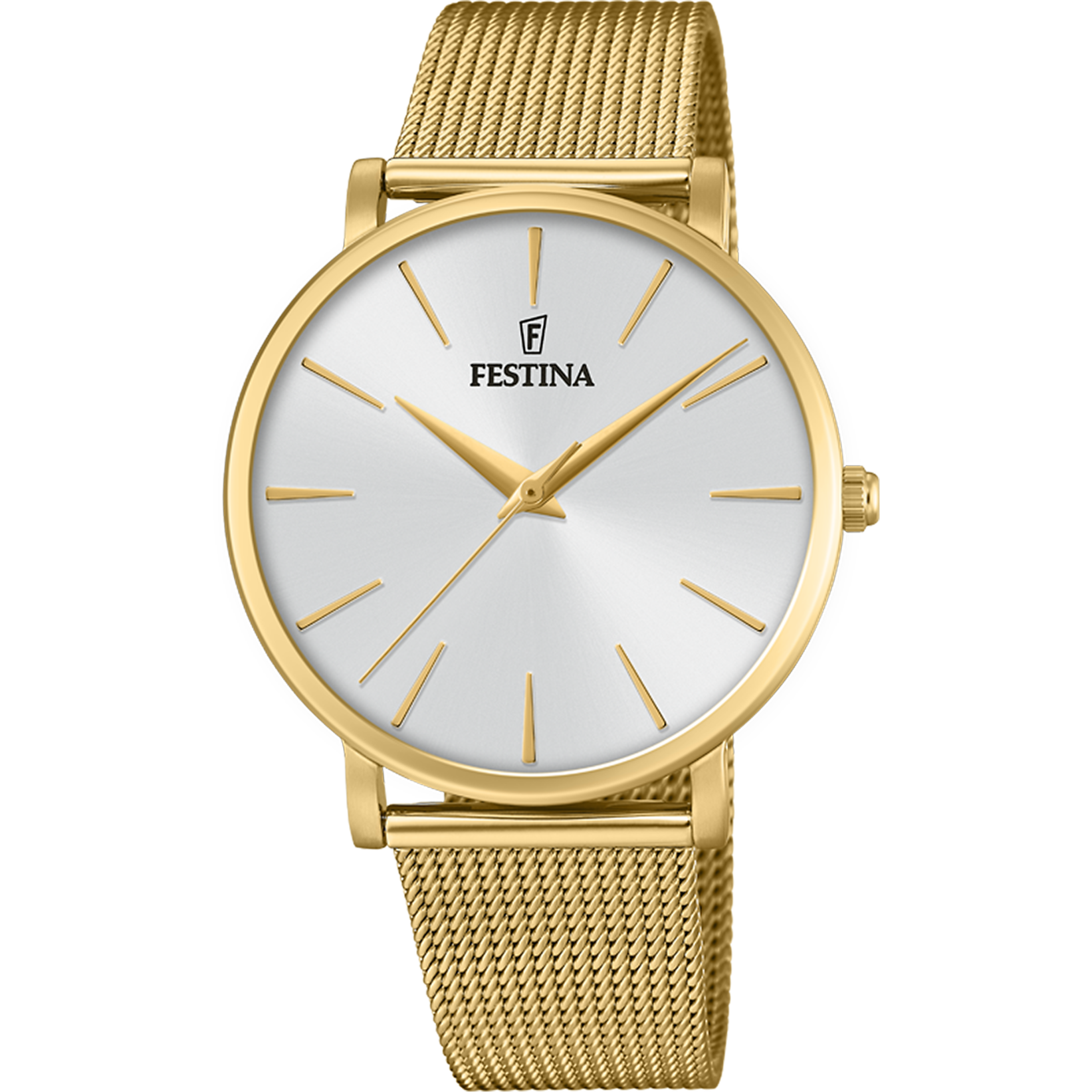 Zegarek damski Festina z okrągłą białą tarczą i złotą bransoletą typu mesh, mechanizm kwarcowy