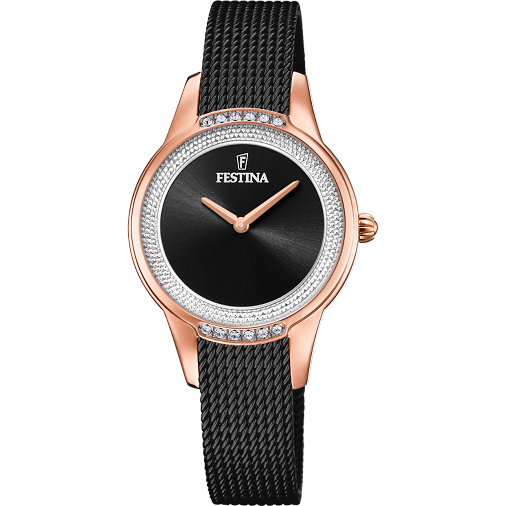 Zegarek damski Festina z czarną tarczą, lunetą z cyrkoniami i czarną metalową bransoletą